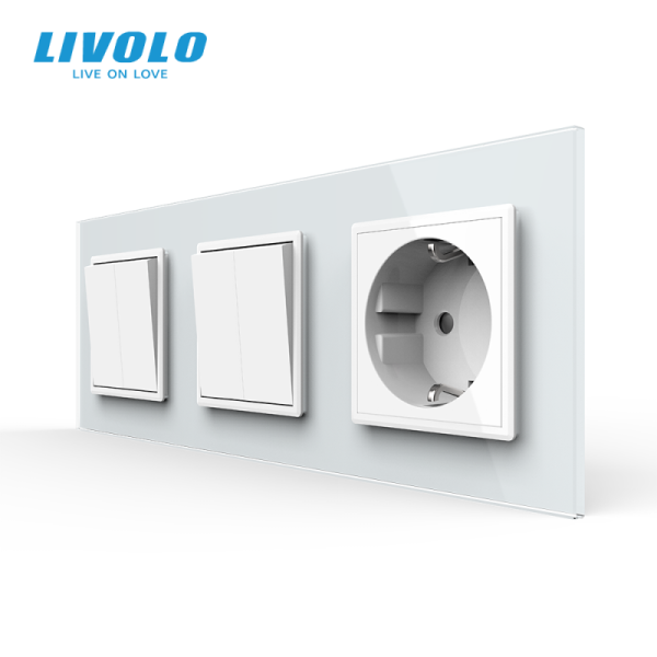 Intrerupator mecanic dublu + dublu + priza Schuko, cap / cruce, cu rama sticla