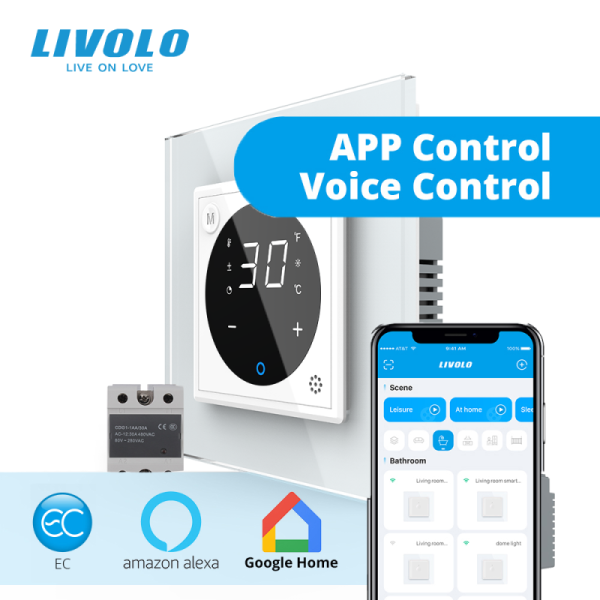 Termostat cu fir si releu pentru incalzire in pardoseala, afisaj electronic, Generatie Noua EC, cu touch-screen, cu rama de sticla