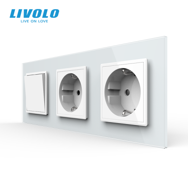 Intrerupator mecanic simplu + priza Schuko + priza Schuko, cap / cruce, cu rama sticla