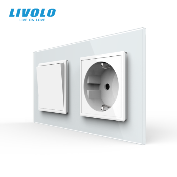 Intrerupator mecanic simplu + priza Schuko, cap / cruce, cu rama sticla