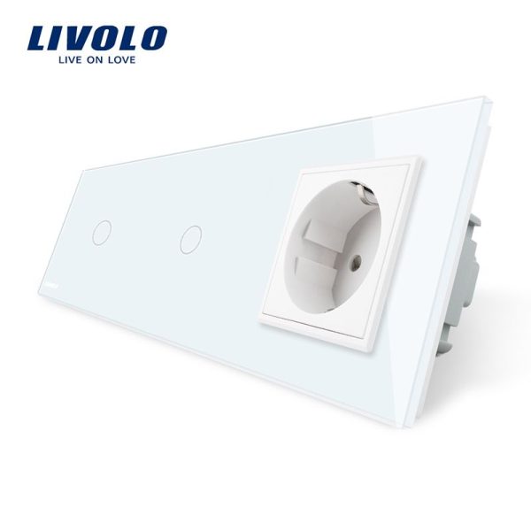 Intrerupator simplu + simplu + priza simpla Schuko borne fara surub Quick Connect, generatia noua, cu rama sticla