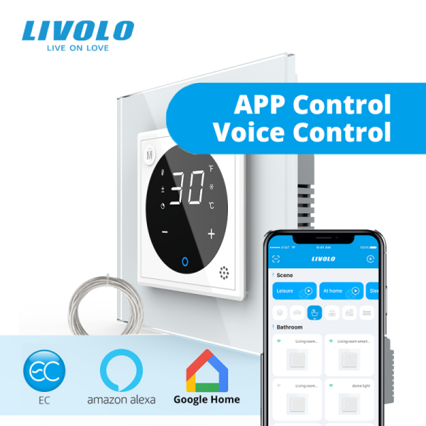 Termostat cu fir pentru incalzire in pardoseala, afisaj electronic, Generatie Noua EC, cu touch-screen, cu rama de sticla