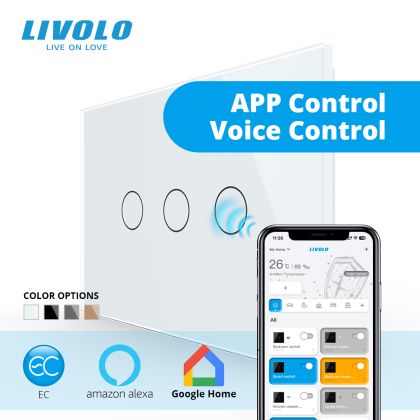 Intrerupator inteligent EC triplu, tactil, cap scara / cruce, Generatie Noua, cu panou sticla, standard italian 3M